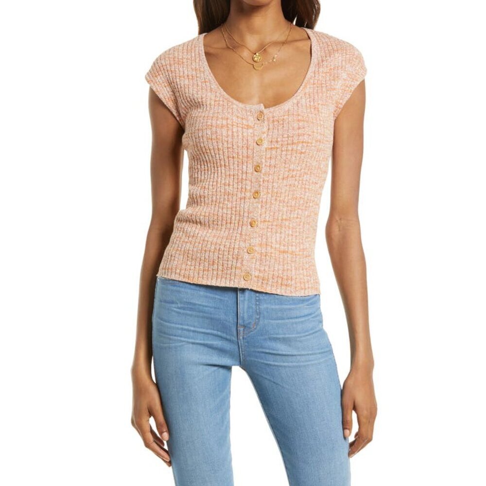 Madewell Orange Marled Shaw Button Front Sweater Tee